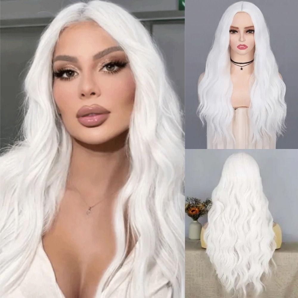 Elegant Long Wavy Curly Wig Middle Part Cosplay Lolita Wigs White Orange Synthetic Wigs Halloween