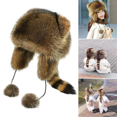 Winter Hat for Kids Adults Racoon Shape Faux Fur Thermal Isolation Windproof Unisex Furry Ball Decor Parent-child Matching Headwear Outdoor Cap
