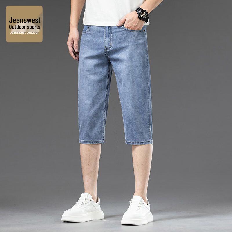 Men s Summer Loose Straight Denim Capri Shorts 36