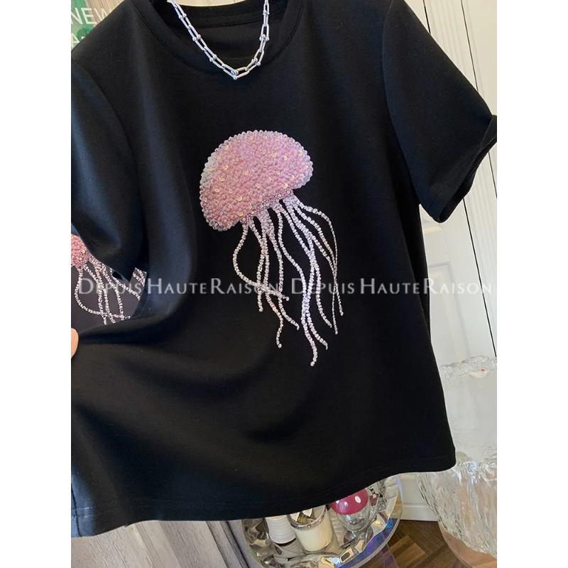 Women's Black Jellyfish Print T-Shirt Short Sleeve Rhinestone Casual Top