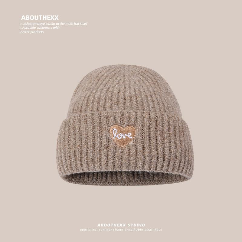 Love Embroidered Woolen Hat for Women Autumn and Winter New Style Large Head Circumference Knitted Hat Large Version Warm Ear Protection Cold Hat
