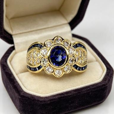 European and American style fashion niche jewelry women's inlaid blue zircon oval ring engraved pattern finger