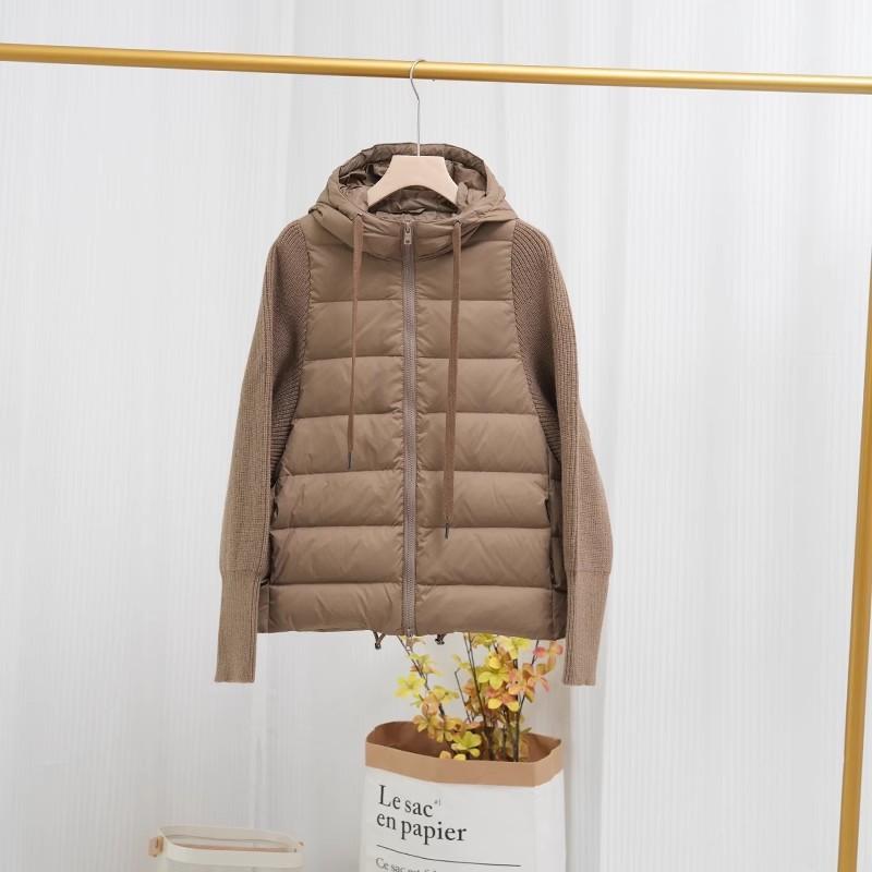 High-End-Daunenjacke aus weißer Entendaunen, kurze Daunenjacke für Damen, Winter, neues Modedesign, Spleißen, gestrickte Ärmel, warme Jacke