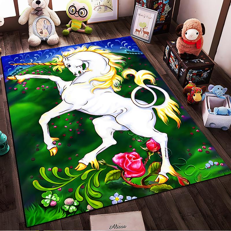 Graceful White Unicorn On Green Floral Background Fantasy Carpet Suitable for Use As an Anti-slip for Living Room Bedroom Sofas