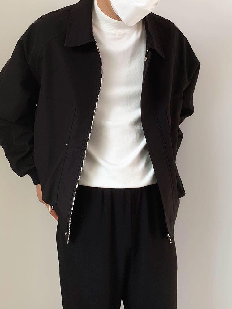 Men's Black Korean Style Loose Lapel Jacket for Spring and Autumn