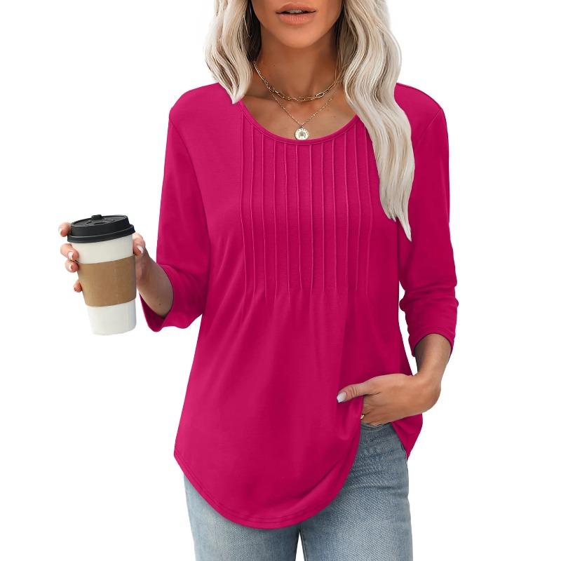 Autumn New Women's Long Sleeve Top Fashion Casual Pleated Low Crew Neck Women's Shirt