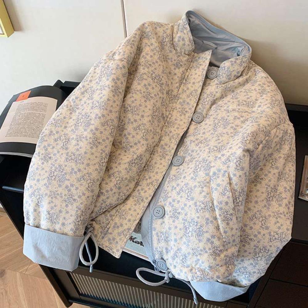 Literaire Korea Zachte Print Vest Vrouw Opstaande Kraag Kort Leeftijd Verminderend Jasje Casual Warm Verdikt Panelen Mujer