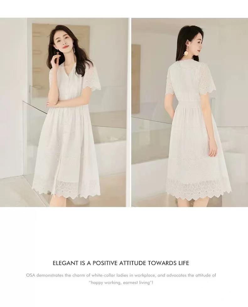 Dámské letní šaty střední délky s výstřihem do V a dutou výšivkou 2025: Literární styl, Zeštíhlující pas, Malé bílé šaty.