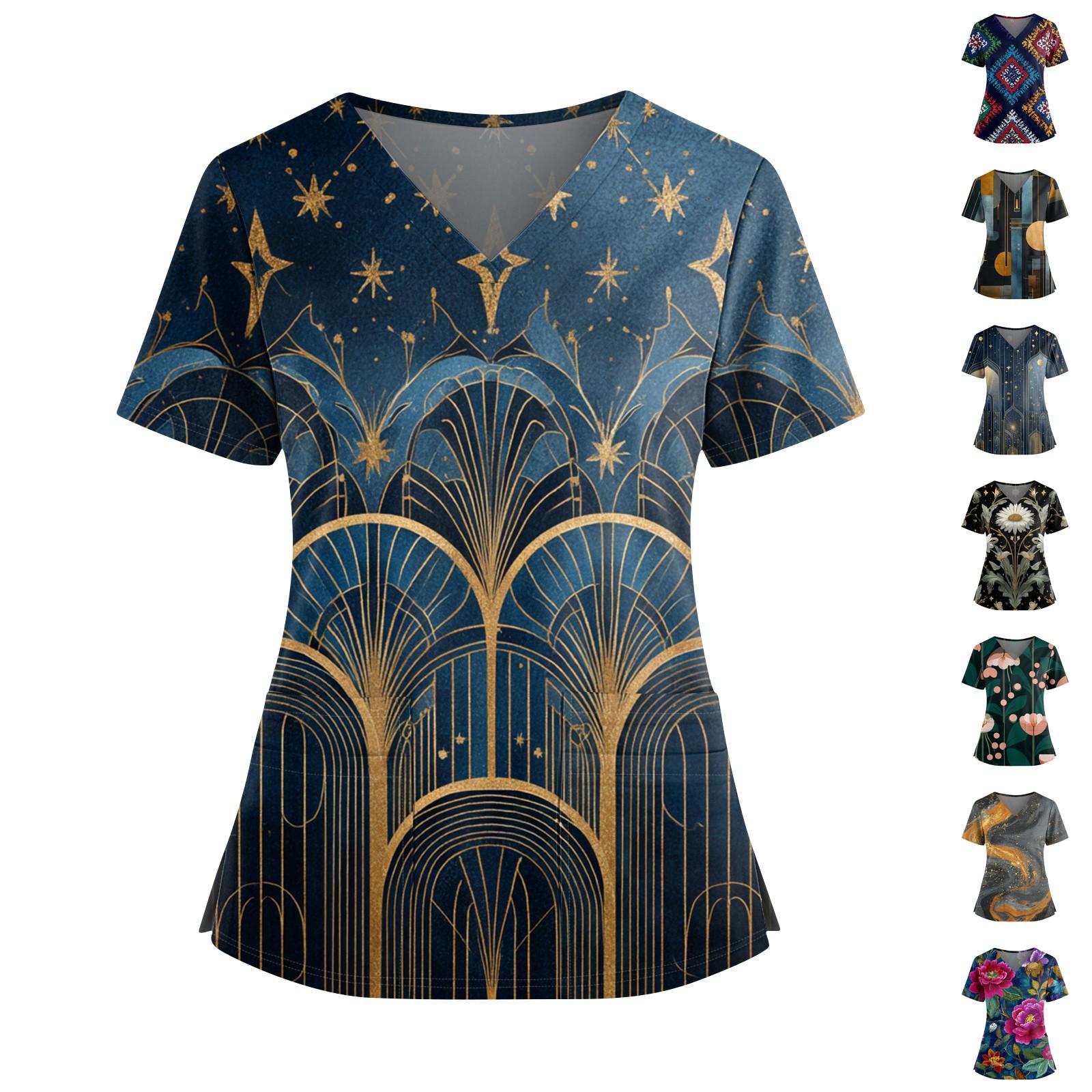 

Ladies Fashionable Floral Print V-neck Double Pocket Short Sleeved Shirt With Slit Hem And Protective Worker s Top L білий