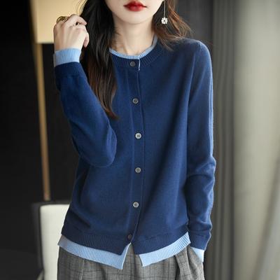 Spring Autumn Knitted Cardigan Sweater Women Clothing O-neck Patchwork Female Long Sleeve Tops Knitwears Sweater