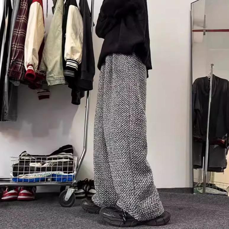 Męskie spodnie z wełny w stylu vintage, szare, z szerokimi nogawkami - styl retro amerykański