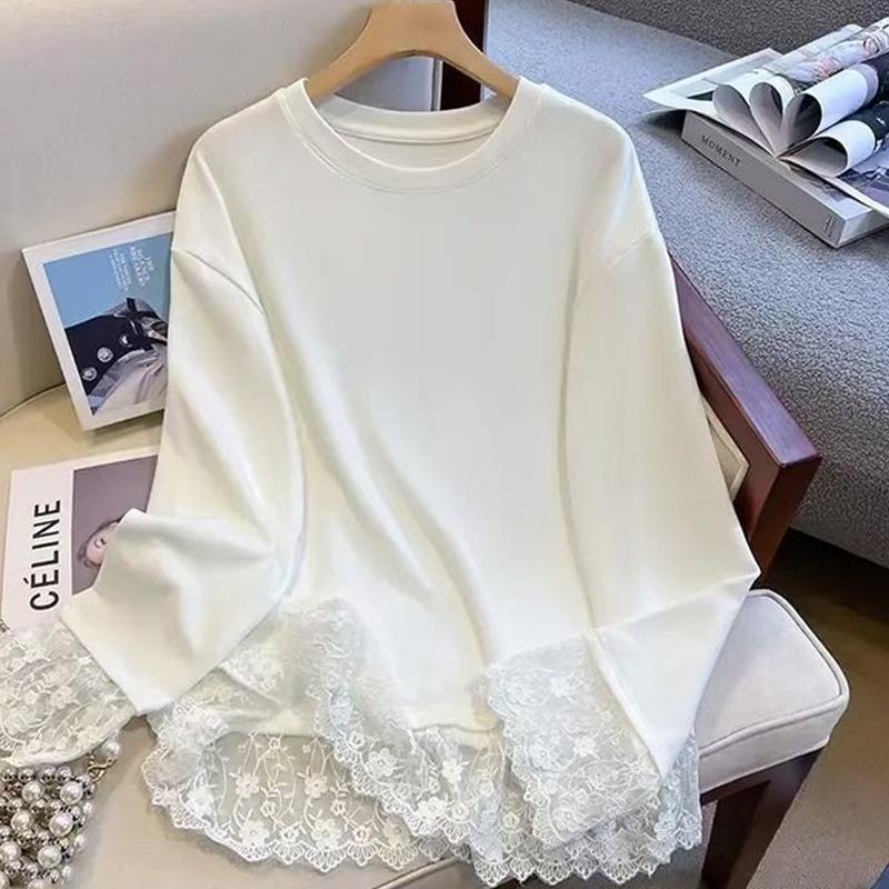 Weißes Spitzen-Patchwork-Langarm-T-Shirt für Damen, Stilvolle Plus-Size Herbst-/Winter-Unterwäsche