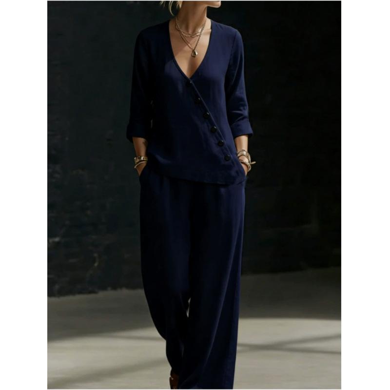 2026 Spring and Summer New Women's Clothing, European and American Minimalist Temperament Loose V-neck Diagonal Button Shirt Wide-leg Pants Two-piece