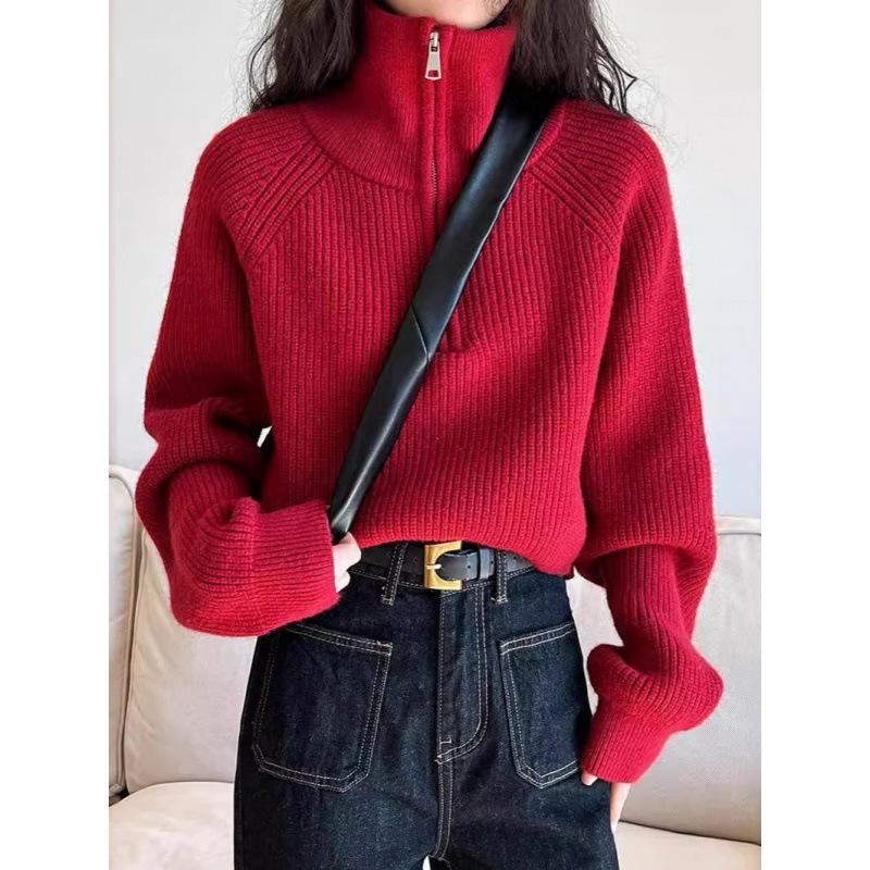 

Женский пуловер с воротником на молнии, мягкий вязаный свитер с длинным рукавом, короткий джемпер, наряд в корейском стиле для осени и зимы для девочки-подростка M