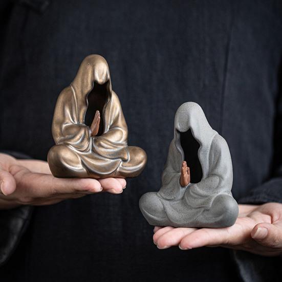 Sedící soška Buddhy Čajový mazlíček Keramická beztvářá zenová figurka Ručně vyráběná čajová souprava Kung Fu Dekor Feng Shui pro domov, kancelář, meditační stůl, ozdoba