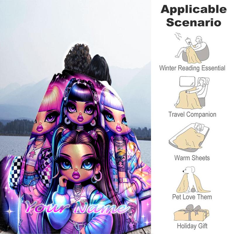 1PC Custom Name Fantasy Girls flannel blanket versatile,all-season throw suitable for the living room,bedroom,camping,travel,and gift