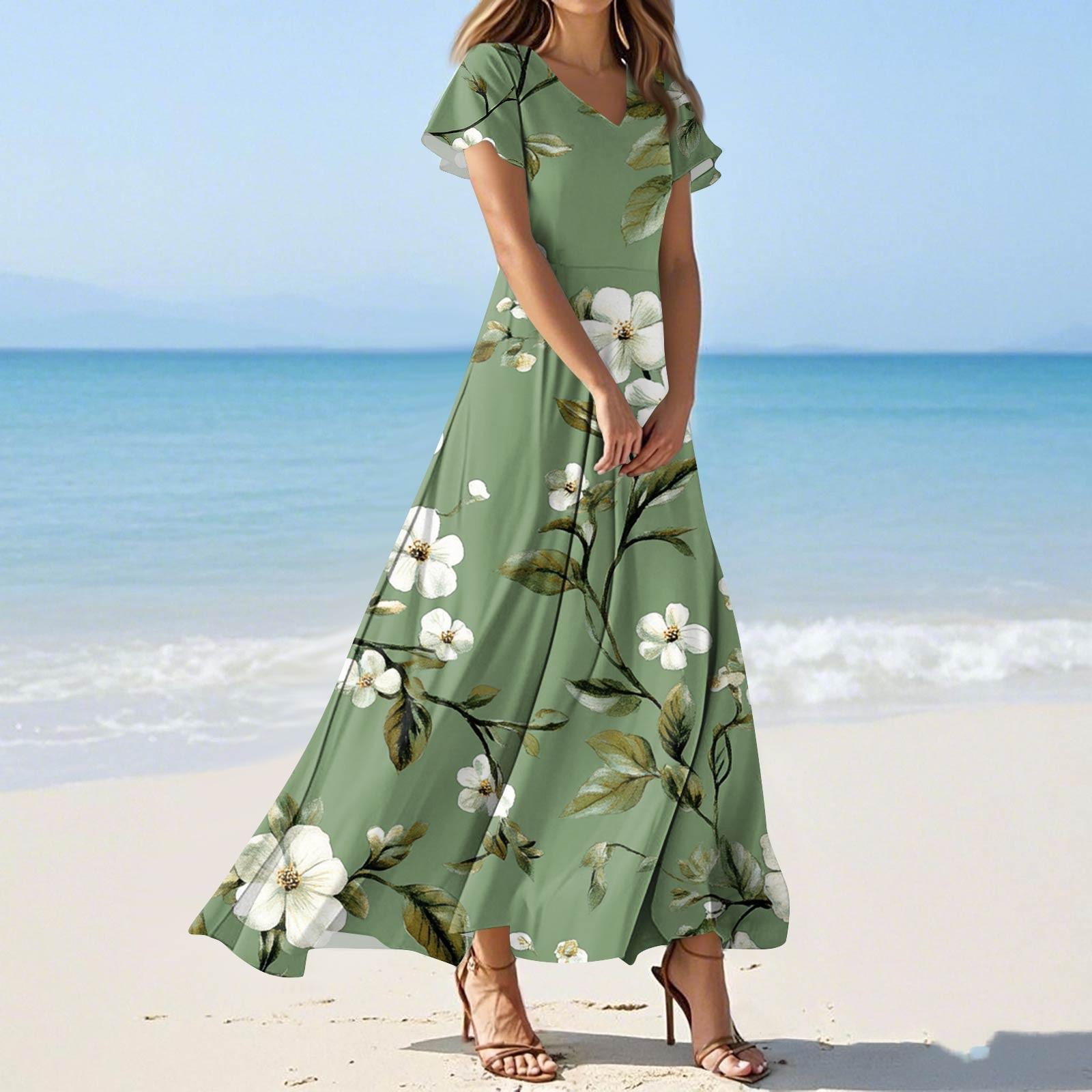 

Женские летние модные повседневные платья с цветочным принтом, платья с V-образным вырезом и коротким рукавом L зелёный