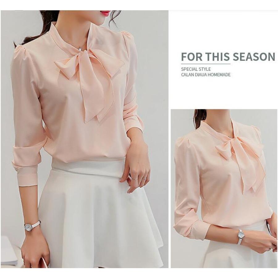 Summer Autumn Women Pink White Chiffon Blouse Fashion Korean Style Bow Tie Collar Ladies Shirt Office Casual Long Sleeve Base Top