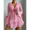Sexy Underwear Thong Costume Printed Gauze See-through Long Sleeve Binding Bow Halter Short Dress Trumpet Sleeve Puffy Skirt