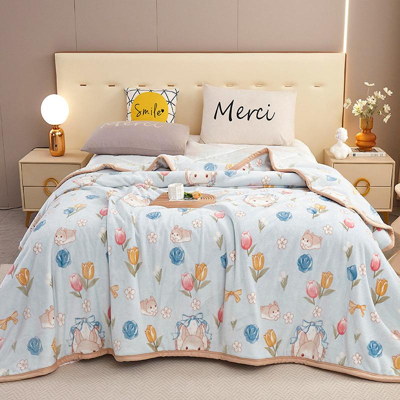 Nordic Style Plant Printed Flannel Blanket Thickened Multi Functional Cover Fleece Blanket Warm Sofa Cover for Office Nap