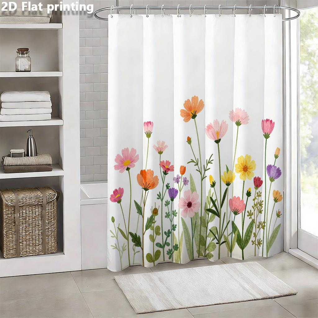 Watercolor Floral Shower Curtain 1Pc With 12 Hooks Polyester 2D Flat Print 70.8X70.8 Inch Spring Garden Decor For Bathroom
