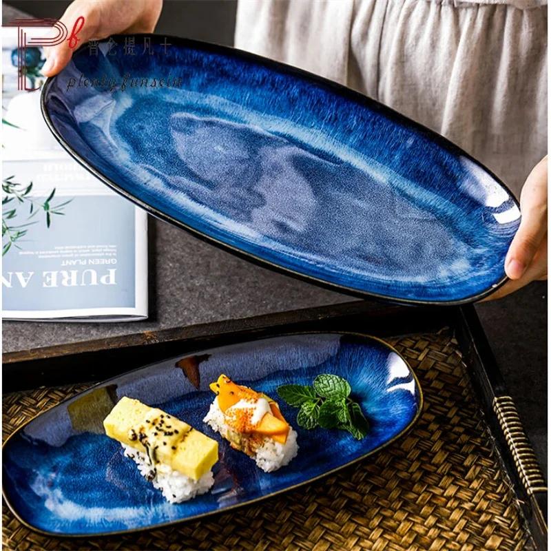 Large kiln-changed ceramic fish tray oval sushi , western , danshaped , hotel restaurant commercial dish plate
