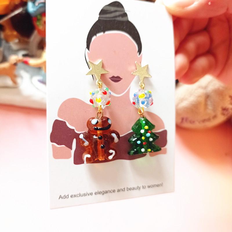 New Fashion Asymmetrical Gingerbread Man Glass Christmas Tree Stud & Dangle Earrings for Women