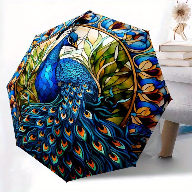 1pc Peacock StainedGlass Auto Open/close, All-Season Portable Folding Umbrella for Women & Men, Travel, Everyday, Formal Events - Compact Luxury Paras
