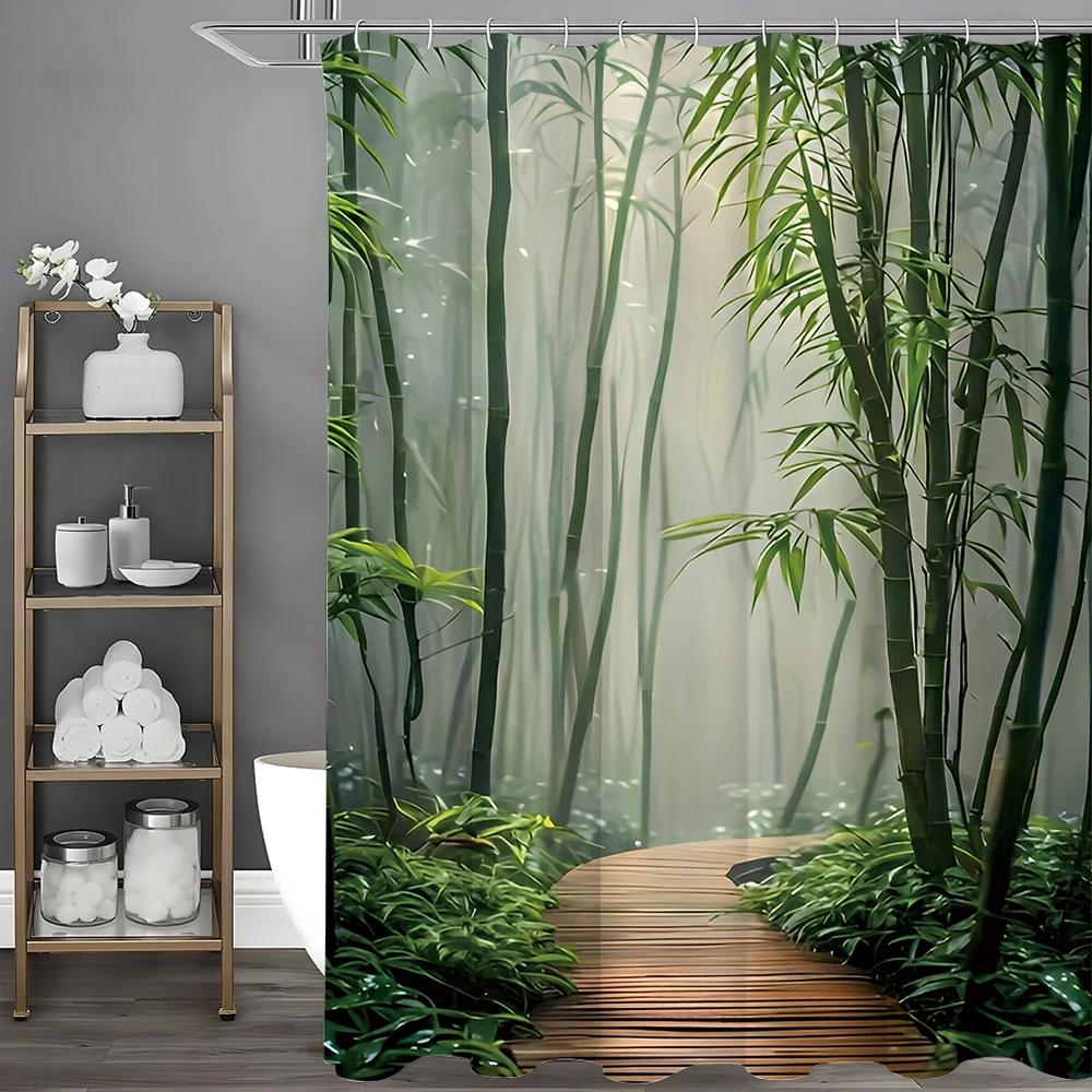 Bamboo Shower Curtain, Green Forest, Spa, Vintage, Natural, Japanese, Asian Style, Bathroom Shower Curtains with Hooks, Waterpro
