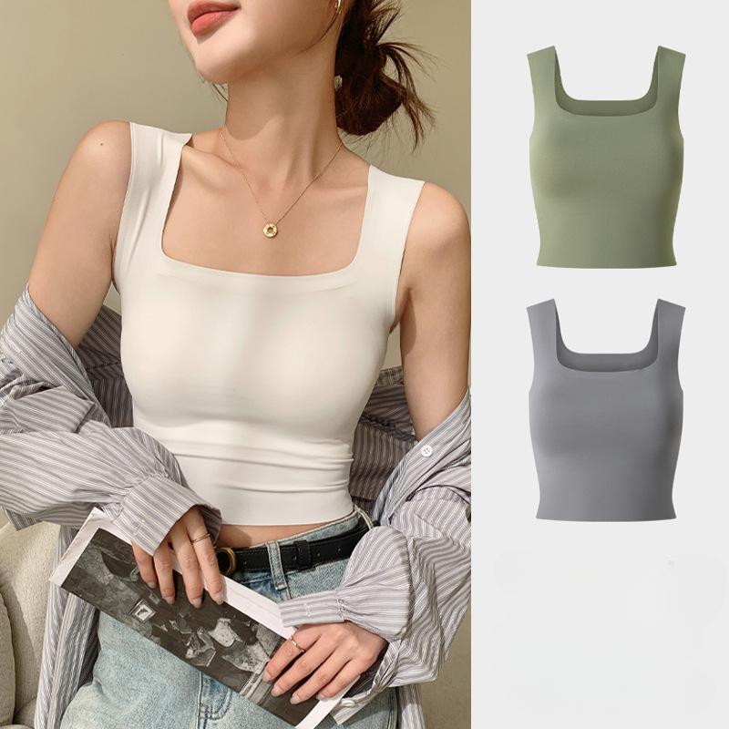 

Stylish Vest Elegance Fashion Casual H581 Smocking Inside The Word Without Trace with Padded Bra One-piece Top Square Neck Halter Undershirt Female L(57.5-65)kg зелений