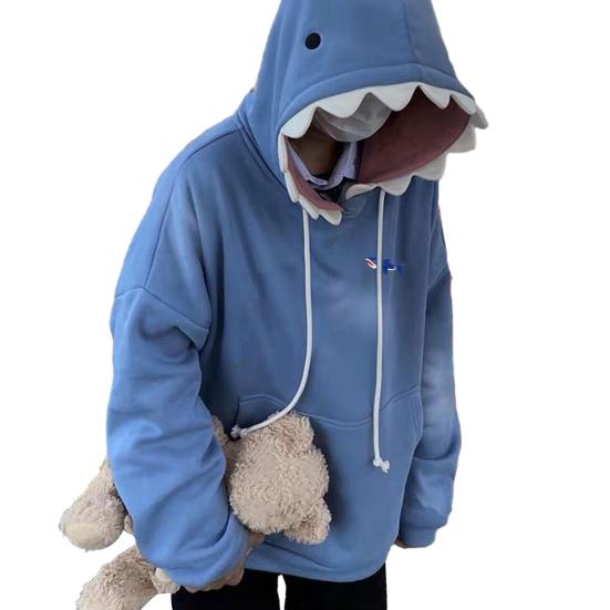 Fun Shark Patch Hooded Sweater Cozy And Stylish Sporty Casual Loose Trendy Couple's Pullover for Autumn