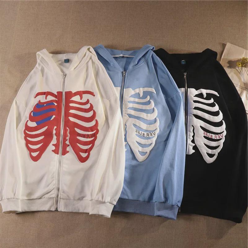 Women's Loose Skull Print Hooded Cardigan Sweatshirt with Zipper - Autumn/Winter Trendy Long-Sleeved Jacket