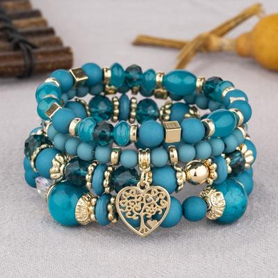 Mode Sommer Acrylperlenkette Neues Armbandset für Damen Lebensbaum-Anhänger Elastischer Armreif Weiblich Böhmischer Zirkon