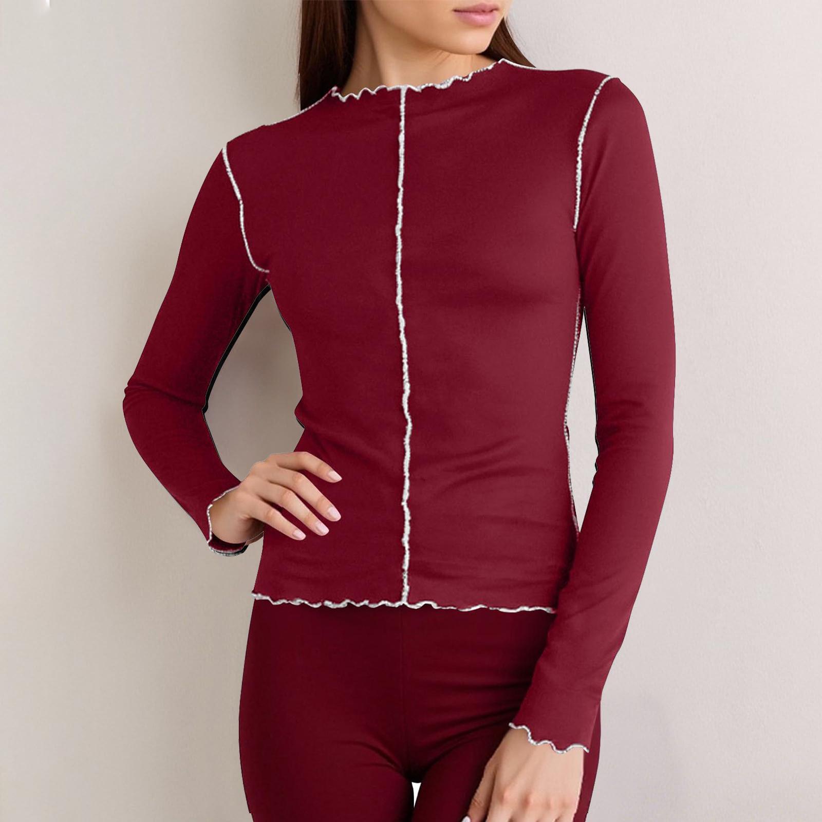 

Ladies Casual And Fashionable Contrasting Color Rolled Edge Half High Neck Long Sleeved T-shirt With Trendy Style Top XXL