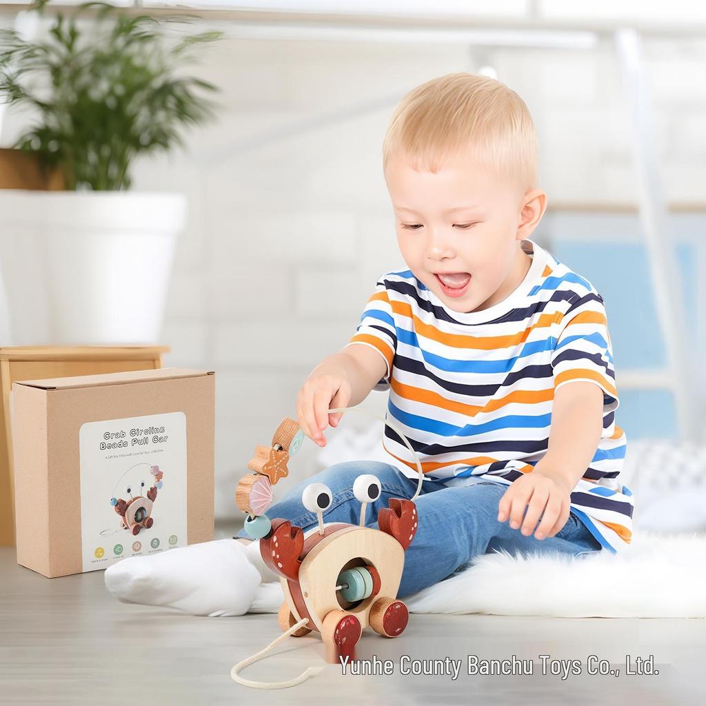 Crab Car: Wooden Bead Maze & Rattle for Baby Learning