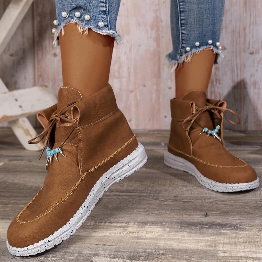Western boots spring and autumn large size solid color light mouth round head lace-up thick-soled women's single shoes