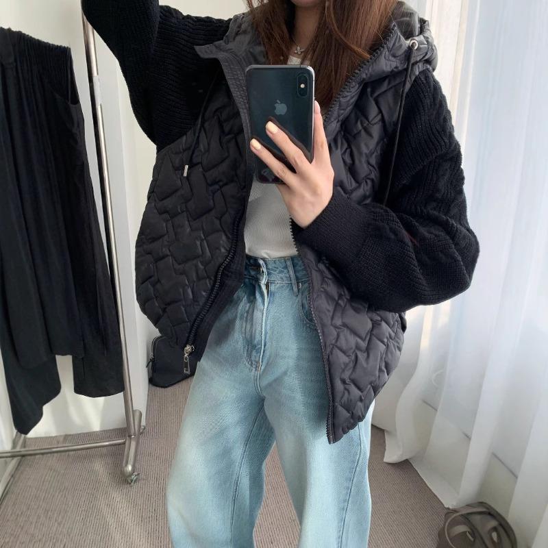 Spring New Splicing Cotton Clothes Hooded Knitted Cardigan Loose High-end Zipper Sweater Jacket Women