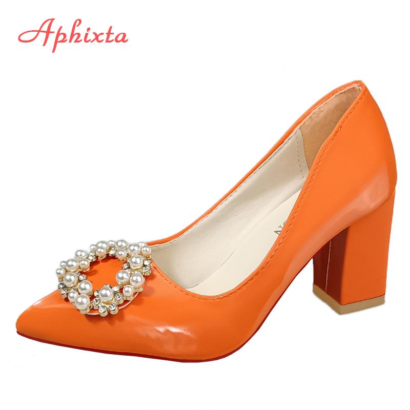 Fashion Aphixta New 7cm Square Heel Baby Pink Pearl Crystals Buckle Patent Leather Women Pumps Officile Pointed Toe Shoes Big Size 35-53