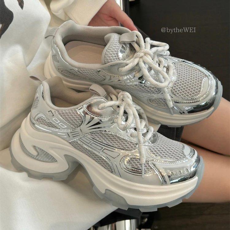 Dad shoes, sports shoes, thick soles, heightened breathable mesh, solid color, princess style, universal in all seasons