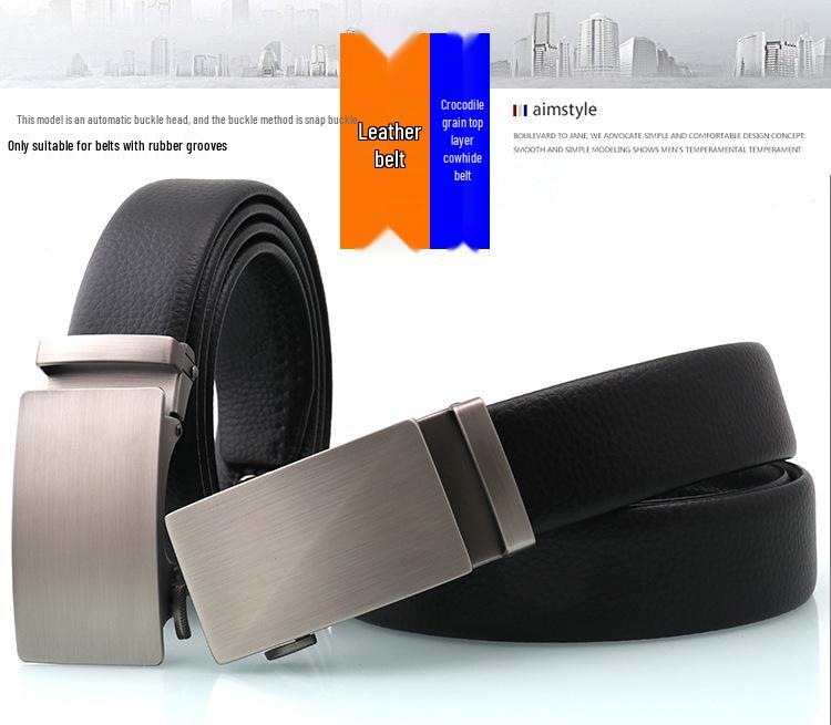 Men's Genuine Leather Belt with Brushed Automatic Buckle and Customizable Laser Logo for Formal Wear