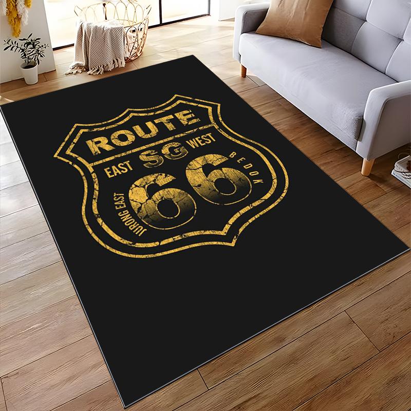 Route 66 Decorative Carpet, Black Background with Gold Print Design Suitable for use as an anti-slip for living room bedroom sofas