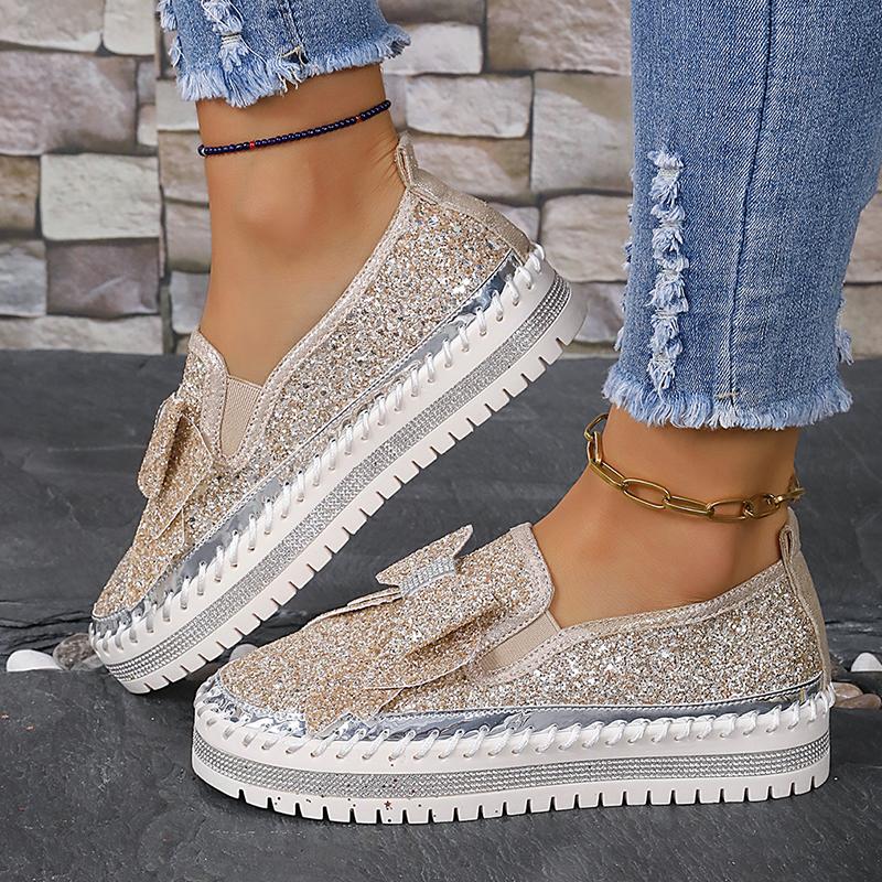 Fashion Women's Gold Silver Bowtie Sequin Flats Shiny Crystal Thick Sole Platform Loafers Ladies Light Comfort Non Slip Casual Shoes