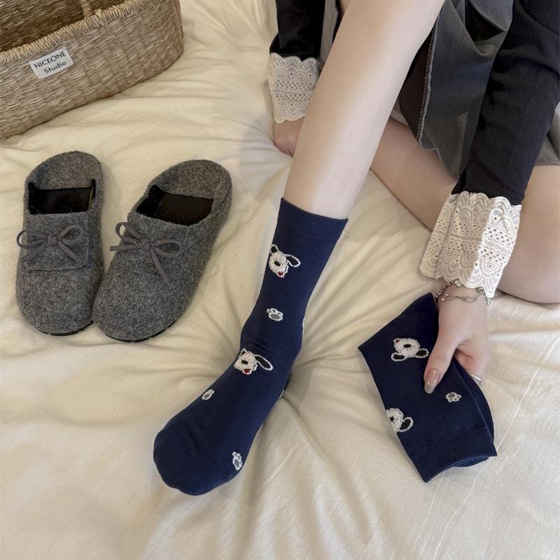 Boneless and Cute Style Flocked Embroidered Puppy Mid-calf Socks, Double Flared Striped Fabric Label Socks, Pure Cotton for Women