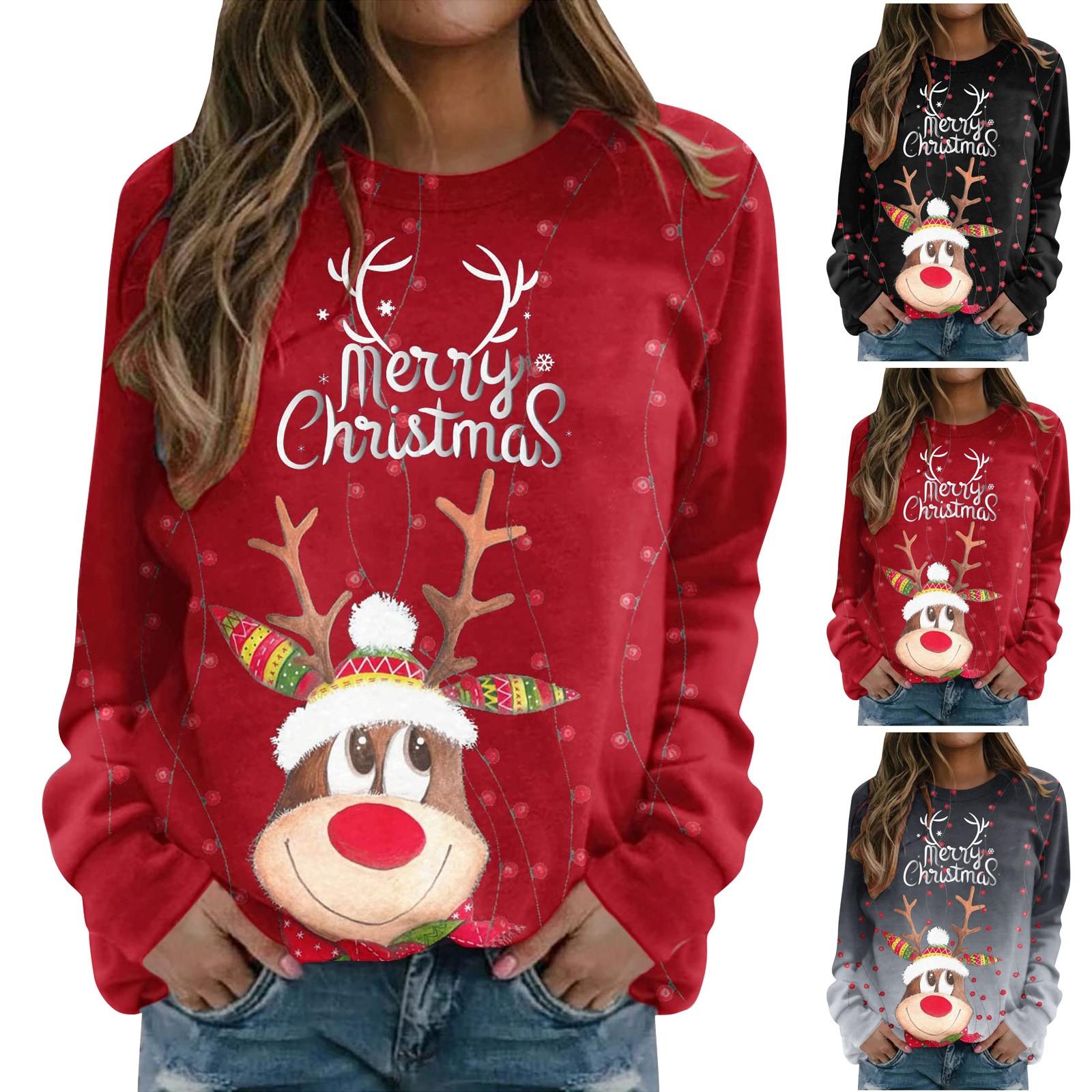 

Женский повседневный модный рождественский принт с длинным рукавом и круглым вырезом, пуловер, топ