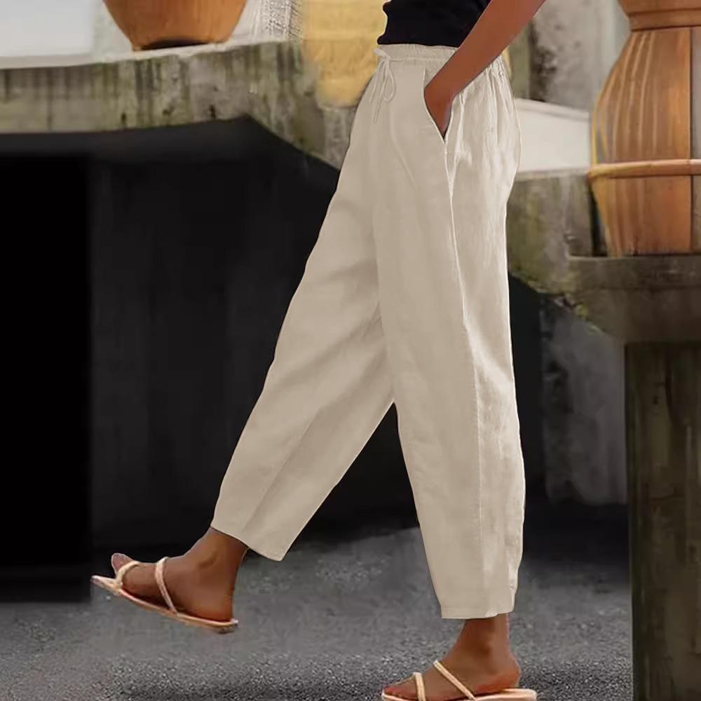 Women's Cotton Linen Solid Color Elastic Waist Casual Pants with Side Pockets, Suitable for Spring and Autumn