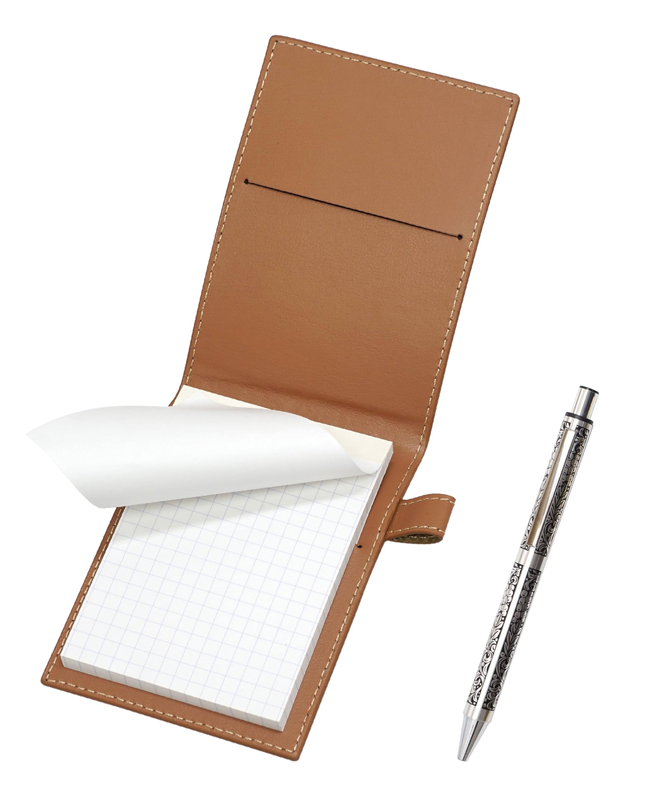 

Recycled cowhide mini notebook cover in and an NQ30 metal straight knock ballpoint pen set in mocha, thick-barreled grape, T23-LS022P-M-NQ30B-V
