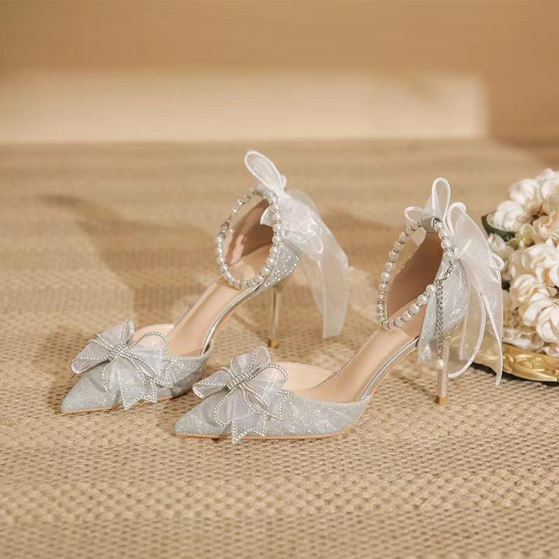 High heels new pointed sequins bow hollow shoes adult wedding shoes bridal shoes pointed single shoes