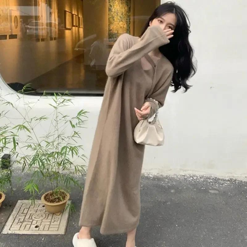 WTEMPO Women's Knitted Sweater Dresses Autumn Winter Coat Long Strap Solid Color V-neck Ribbon Korean Style Fashion Y2k