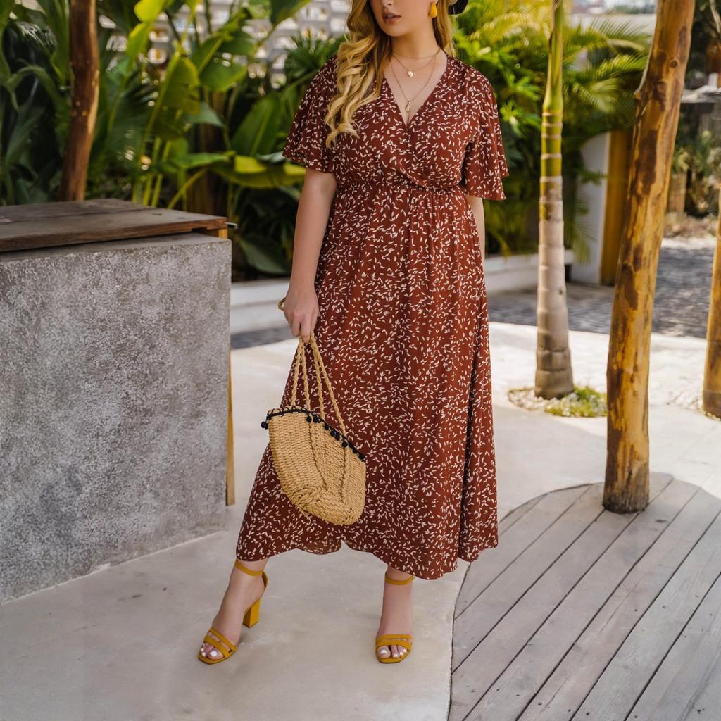 Damen Modisches Übergröße Blumenmuster V-Ausschnitt Kurzarm Hochtailliert Lockeres Kleid