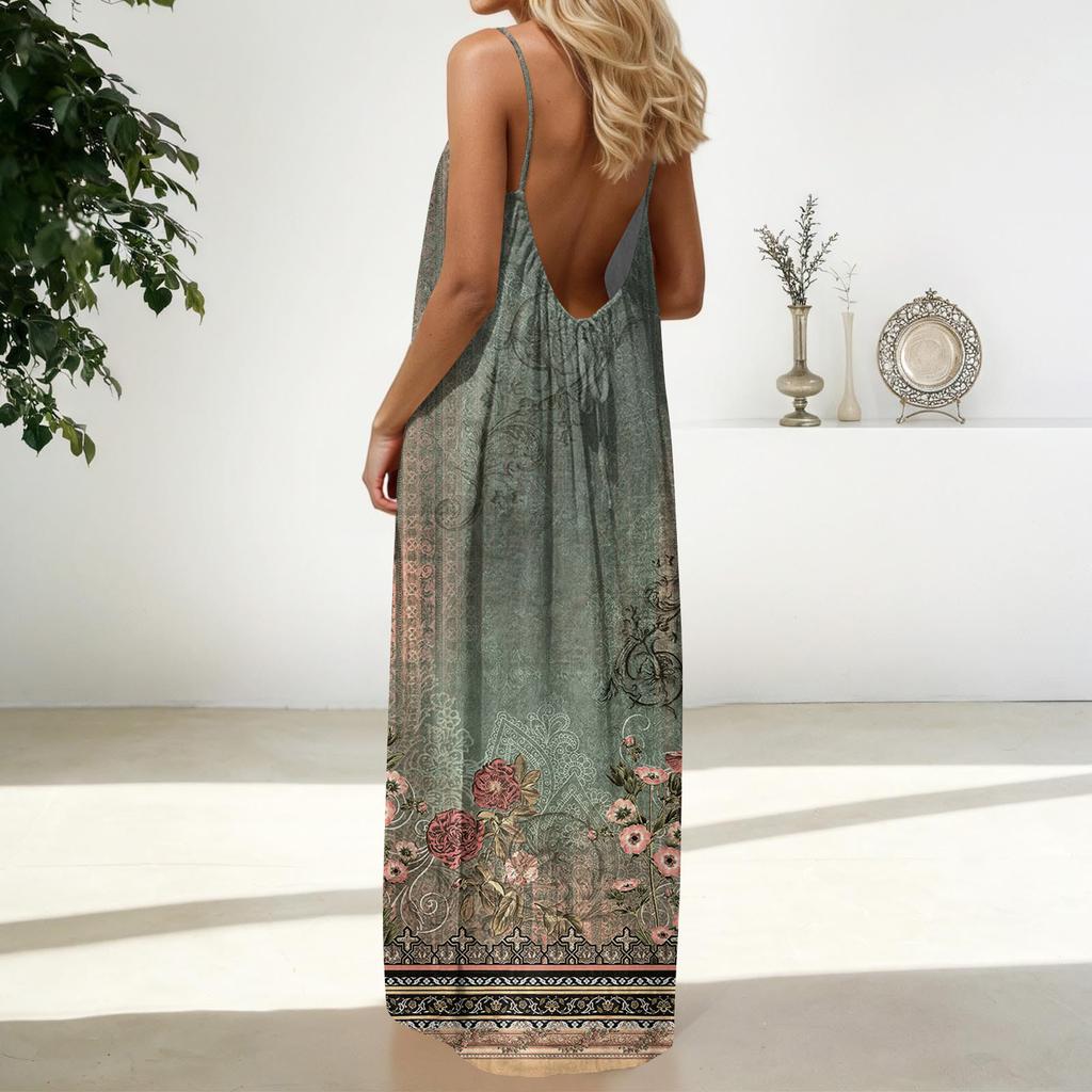 Women's Fashion Backless Spaghetti Strap Casual Loose Floral Print Dress